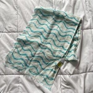 100% Linen Scarf White Blue Waves Stripes Fringe 27.5"x72" Beach Summer Boho